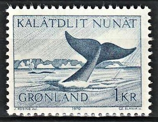 FRIMÆRKER GRØNLAND | 1970 - AFA 75 - Grønlandshval - 1 kr. blå - Postfrisk